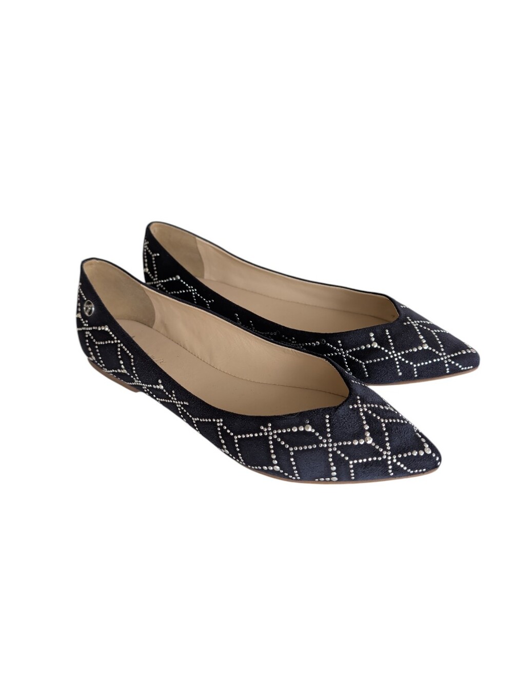 Ateliermix Studs Sequin Sequin Pointed Toe Flats 8 Navy Blue Silver Embellish